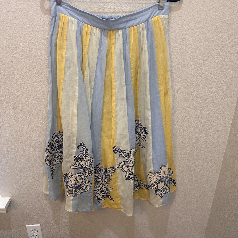 Maeve Anthropologie Blue Yellow Striped Floral Midi Cotton Skirt M Boho Garden